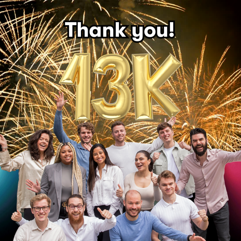 A group of twelve diverse, smiling individuals pose in front of a backdrop with brightly colored fireworks. The text "Thank you!" and "13K" is displayed in large gold letters at the top. The celebratory atmosphere indicates a milestone achievement.