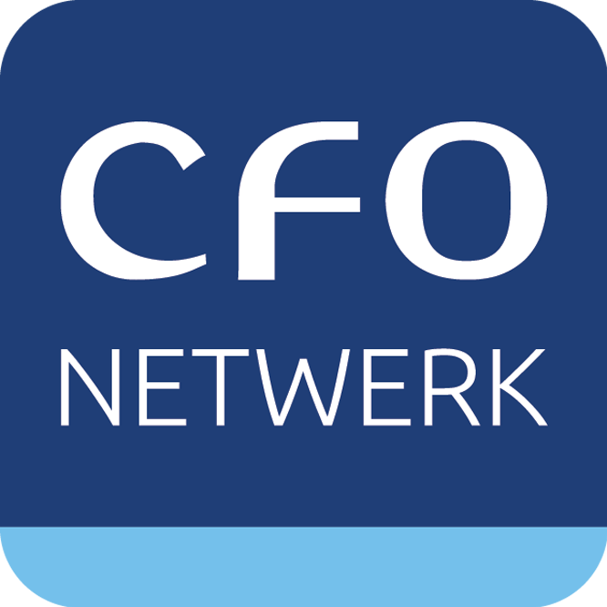 Logo met "CFO NETWORK" in vette witte tekst op een donkerblauwe vierkante achtergrond, wat doet denken aan LinkedIn's professionele palet. "CFO" staat boven "NETWORK", terwijl de onderkant een lichtblauwe band heeft voor een vleugje moderniteit.