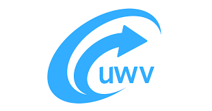 Blauw en wit logo met een abstract pijlontwerp met daarin de letters "UWV", wat staat voor de expertise van Masterclass UWV.