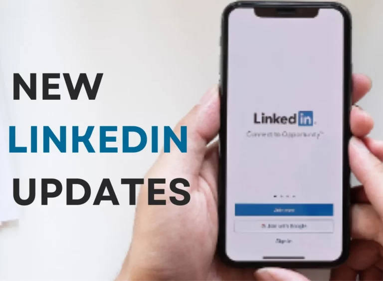 Een persoon houdt een smartphone vast met het LinkedIn-app-inlogscherm. De tekst "New LinkedIn Updates" is duidelijk zichtbaar aan de linkerkant.