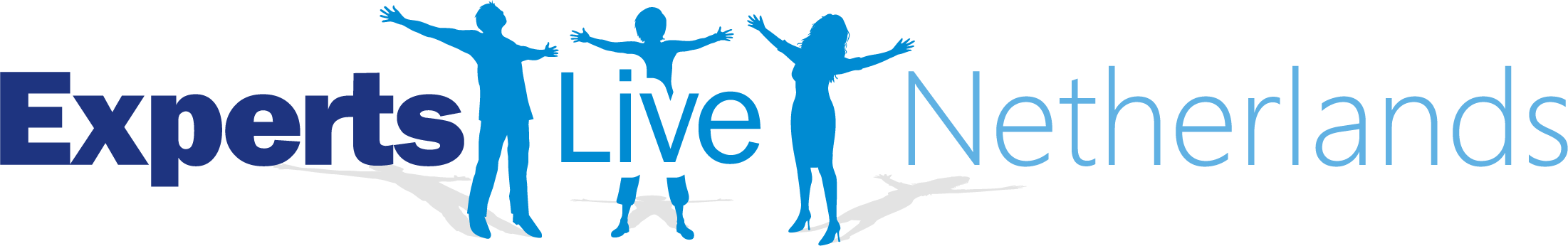 Logo voor Experts Live Nederland met blauwe silhouetten van drie personen met opgeheven armen, naadloos geïntegreerd tussen de woorden "Experts Live" en "Netherlands" in vetgedrukte en lichtblauwe tekst, met daaronder een vaag silhouet.